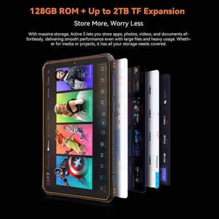Blackview Active 5 Rugged 4G Tablet for Everyday Use showing 128GB ROM and up to 2TB TF expansion with multimedia screens