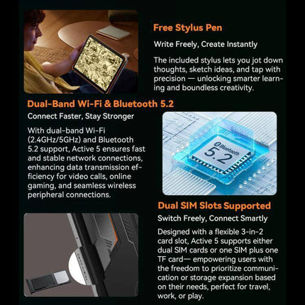 Blackview Active 5 Rugged 4G Tablet for Everyday Use showing rugged tablet display and feature callouts