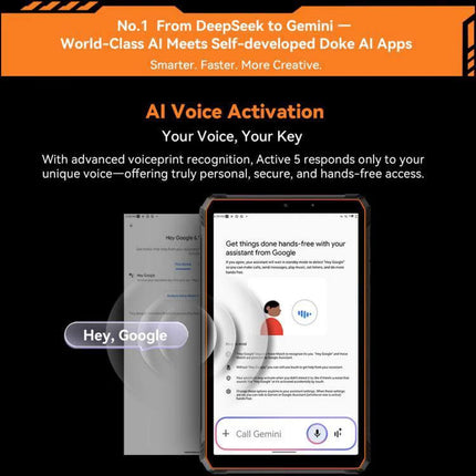 Blackview Active 5 Rugged 4G Tablet for Everyday Use showcasing AI Voice Activation and hands-free Google Assistant on an 8.68-inch WVGA+ display