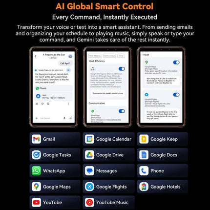 Blackview Active 5 Rugged 4G Tablet for Everyday Use showing AI smart control screens and supported apps