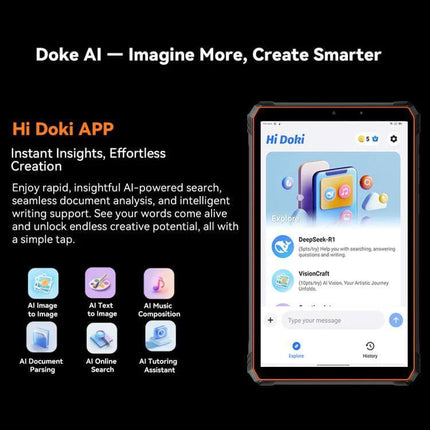 Blackview Active 5 Rugged 4G Tablet for Everyday Use showcasing Hi Doki AI app on 8.68-inch WVGA+ IPS display in rugged orange-black case