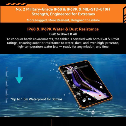 Blackview Active 5 Rugged 4G Tablet for Everyday Use showing IP68 IP69K waterproof rating and rugged design submerged in water