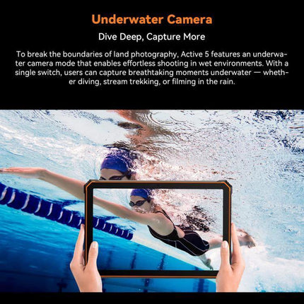 Blackview Active 5 Rugged 4G Tablet for Everyday Use showing underwater camera mode capturing a swimmer through its 8.68-inch WVGA+ display