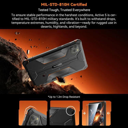 Blackview Active 5 Rugged 4G Tablet for Everyday Use showcasing MIL-STD-810H rugged design, drop resistance, dust and water protection