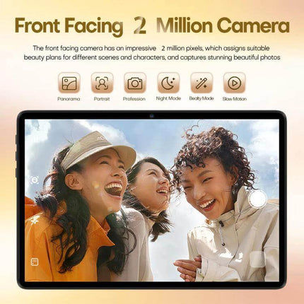 Pad 8 Ultra 10.1-Inch Android Tablet with 3G Calling displaying three smiling friends on screen highlighting front 2MP camera and portrait modes