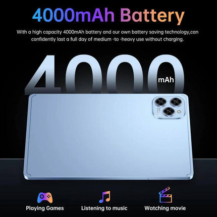 Pad 16 Pro 10.1-Inch Android Tablet for Everyday Tasks showing 4000mAh battery, rear view, gaming, music and movie icons
