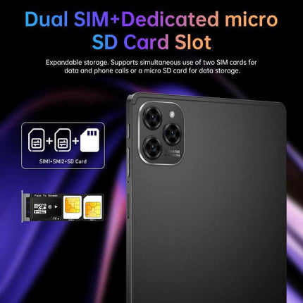 Pad 16 Pro 10.1-Inch Android Tablet for Everyday Tasks showing dual SIM and dedicated micro SD card slot on tablet back