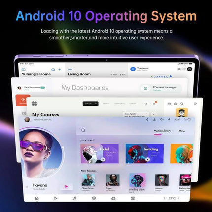 Pad 16 Pro 10.1-Inch Android Tablet for Everyday Tasks showing Android 10 home screens, HD 10.1-inch display for browsing, streaming, and productivity