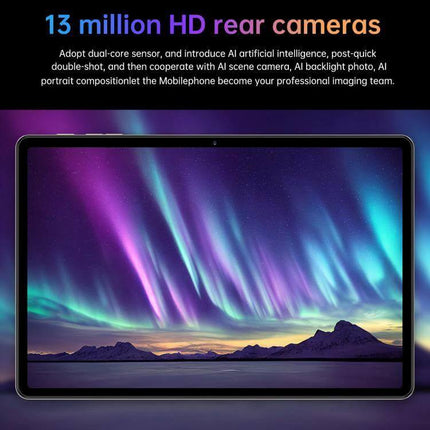 Pad 16 Pro 10.1-Inch Android Tablet for Everyday Tasks showing 10.1-inch HD screen with vivid aurora image and 13 million HD rear cameras text