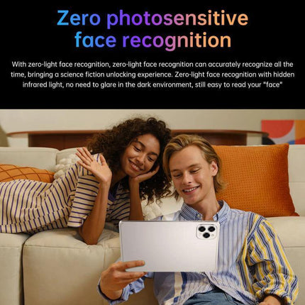 Pad 16 Pro 10.1-Inch Android Tablet for Everyday Tasks - two people using tablet on couch showcasing zero photosensitive face recognition and HD 10.1-inch display