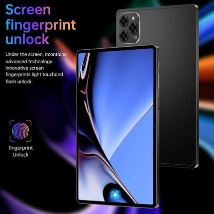 Pad 16 Pro 10.1-Inch Android Tablet for Everyday Tasks showing 10.1-inch HD screen, fingerprint unlock icon and slim black tablet design