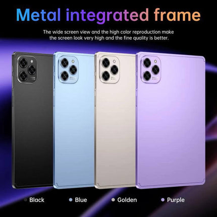 Pad 16 Pro 10.1 Inch Android Tablet for Daily Tasks showcasing metal integrated frame and four color options (Black, Blue, Golden, Purple)