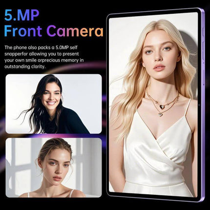 Pad 16 Pro 10.1-Inch Android Tablet for Everyday Computing showing 5MP front camera with models in portrait on tablet display
