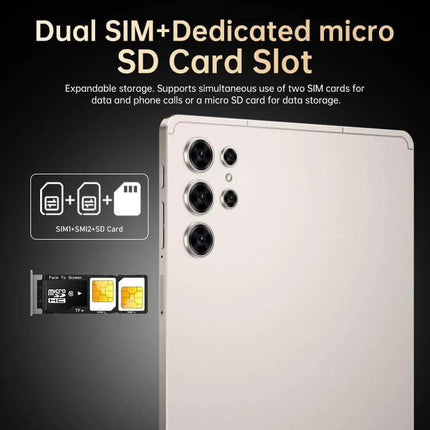 Pad 25 Ultra 10.1-Inch Android Tablet with 4G LTE Connectivity showing dual SIM and dedicated micro SD card slot and expandable storage