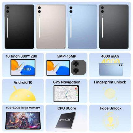 Tab S10 Ultra Portable Android Tablet with 10.1 Inch Screen showing back colors, display, cameras, Android 10, 4000mAh, GPS, and specs