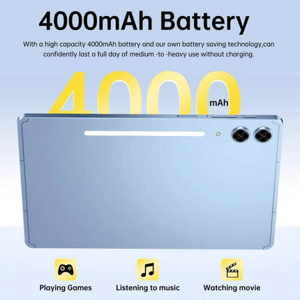 Portable Tab S10 Ultra Tablet with 10.1-Inch Display for Everyday Use showing 4000mAh battery, back view with dual cameras and icons for gaming, music, movies