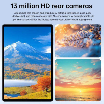 Portable Tab S10 Ultra Tablet with 10.1-Inch Display for Everyday Use showing scenic 10.1-inch screen and sample photos highlighting 13 million HD rear cameras