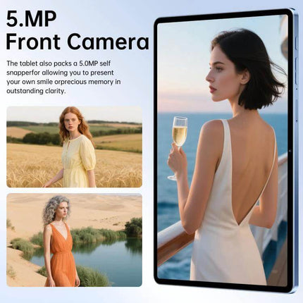 Portable Tab S10 Ultra Tablet with 10.1-Inch Display for Everyday Use showing 5MP front camera and lifestyle images on screen