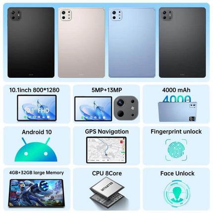 Alt Tag: 10.1-Inch Android Tablet for Everyday Browsing and Connectivity showing tablet back, screen, dual SIM, Android 10, 5MP+13MP cameras, 4000mAh battery