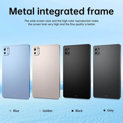 10.1-Inch Android Tablet for Everyday Browsing and Connectivity showcasing four metal-frame color options (Blue, Golden, Black, Grey) and rear camera module
