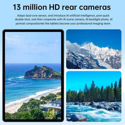 10.1-Inch Android Tablet for Everyday Browsing and Connectivity showing tablet display with beach, mountain, and river landscape images