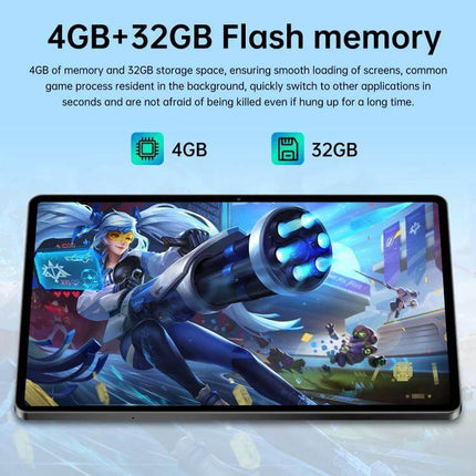 10.1-Inch Android Tablet for Everyday Browsing and Connectivity showcasing 4GB+32GB flash memory, gaming graphics on screen, dual SIM connectivity