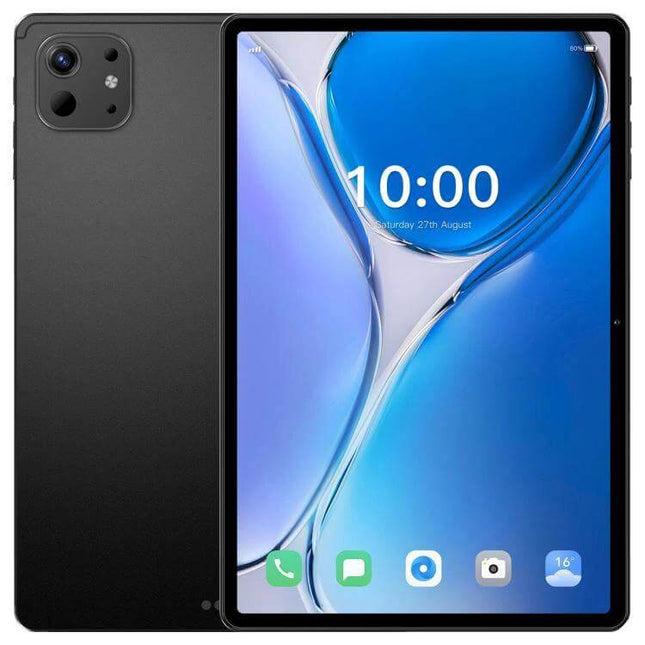 10.1 Inch 4G LTE Android Tablet for Everyday Use and Entertainment - black tablet front and back, 10.1-inch display, slim bezel, dual cameras, Android 10 interface