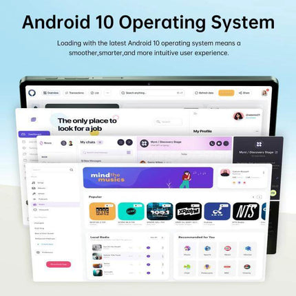 Portable 10.1-Inch Pad 7 Pro Android Tablet with 4G LTE showing Android 10 UI and multiple app screens