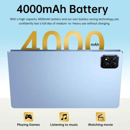Pad 7 Pro 10.1-Inch 4G LTE Android Tablet for Daily Use showing rear view, 4000mAh battery, gaming, music and movie icons