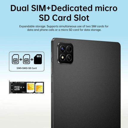 Pad 7 Pro 10.1-Inch 4G LTE Android Tablet for Daily Use showing dual SIM plus dedicated microSD card slot for expandable storage