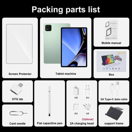 Pad 7 Pro 10.1-Inch 4G LTE Android Tablet for Daily Use packing parts list with tablet, screen protector, pen, chargers and accessories