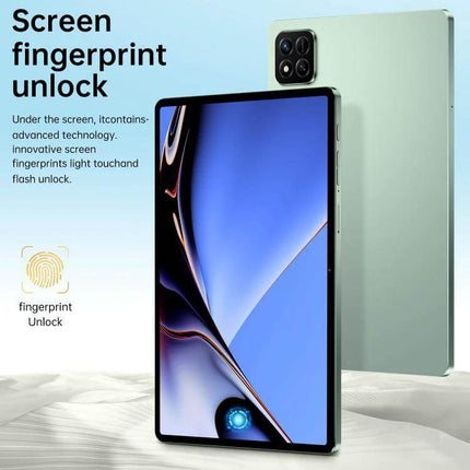 Pad 7 Pro 10.1-Inch 4G LTE Android Tablet for Daily Use showing front display with in-screen fingerprint unlock and mint green back