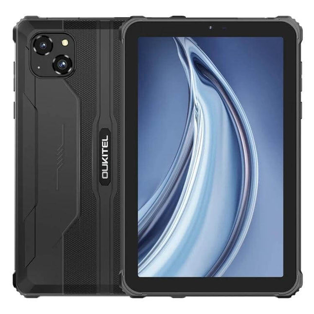 OUKITEL RT3 Pro 8-Inch Rugged Tablet for Outdoor Activities showing front display and rugged rear design for hiking and field use