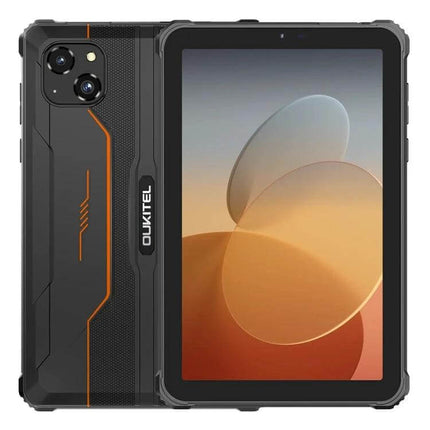 OUKITEL RT3 Pro 8-Inch Rugged Tablet for Outdoor Activities — black rugged 8-inch tablet with dual rear cameras and orange accent