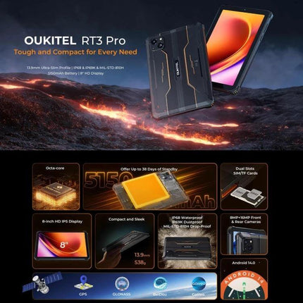 OUKITEL RT3 Pro 8-Inch Rugged Tablet for Outdoor Activities - rugged 8-inch HD tablet with IP68 waterproof, long battery, GPS and durable design