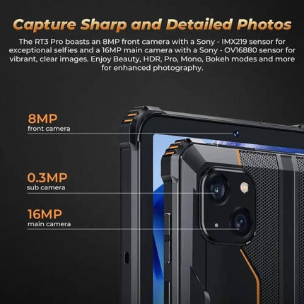 OUKITEL RT3 Pro 8-Inch Rugged Tablet for Outdoor Activities showing rear and front camera specs: 16MP main, 8MP front, 0.3MP sub; rugged design for outdoor photography
