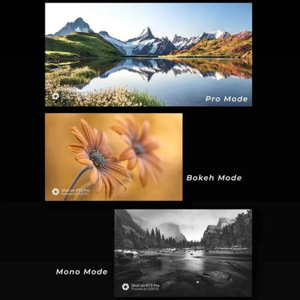 OUKITEL RT3 Pro 8-Inch Rugged Tablet for Outdoor Activities showing Pro, Bokeh and Mono camera modes for outdoor photography