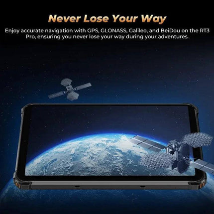 OUKITEL RT3 Pro 8-Inch Rugged Tablet for Outdoor Activities showing GPS satellite navigation over an 8-inch screen