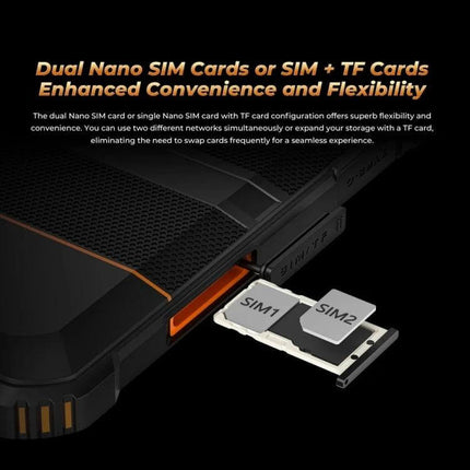 OUKITEL RT3 Pro 8-Inch Rugged Tablet for Outdoor Activities showing dual nano SIM tray with SIM1 and SIM2