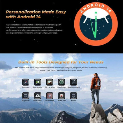 OUKITEL RT3 Pro 8-Inch Rugged Tablet for Outdoor Activities showing Android 14 features, built-in tools, and a hiker on a mountain