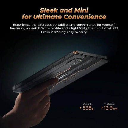 OUKITEL RT3 Pro 8-Inch Rugged Tablet for Outdoor Activities shown handheld highlighting rugged design, 8-inch display, 538g weight and 13.9mm thickness