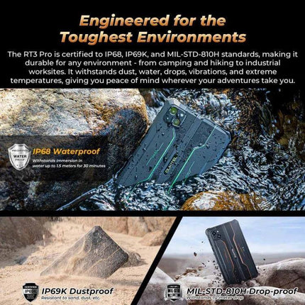 OUKITEL RT3 Pro 8-Inch Rugged Tablet for Outdoor Activities showing waterproof, dustproof, drop-proof rugged design in outdoor terrain