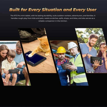 OUKITEL RT3 Pro 8-Inch Rugged Tablet for Outdoor Activities shown in family, pet, construction, and outdoor use scenarios demonstrating durable design