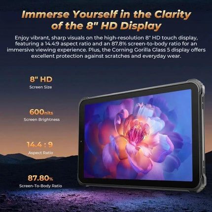 OUKITEL RT3 Pro 8-Inch Rugged Tablet for Outdoor Activities showing 8-inch HD IPS display, 800x1280 resolution, 600 nits brightness and rugged frame