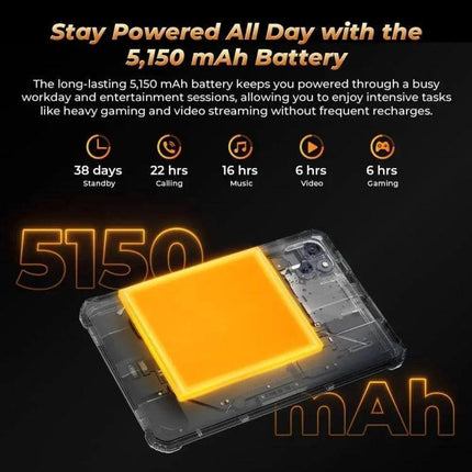 OUKITEL RT3 Pro 8-Inch Rugged Tablet for Outdoor Activities showcasing 5,150 mAh battery life and battery performance icons
