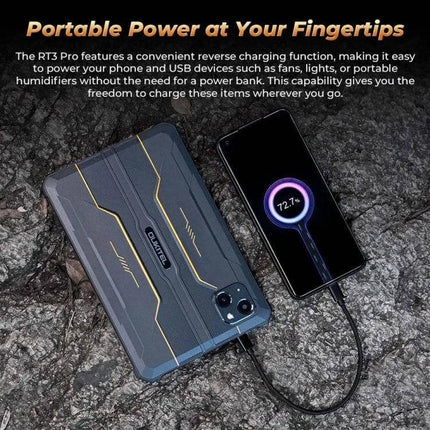 OUKITEL RT3 Pro 8-Inch Rugged Tablet for Outdoor Activities showing reverse charging a smartphone on a rocky trail