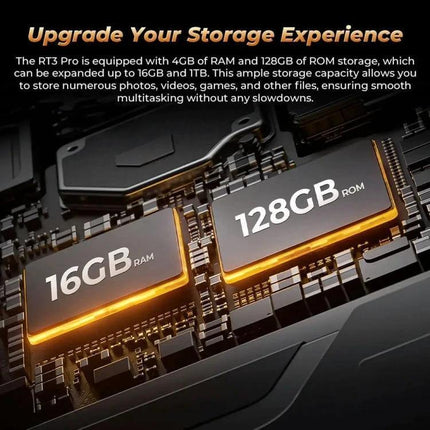 OUKITEL RT3 Pro 8-Inch Rugged Tablet for Outdoor Activities showing 16GB RAM and 128GB ROM storage graphic