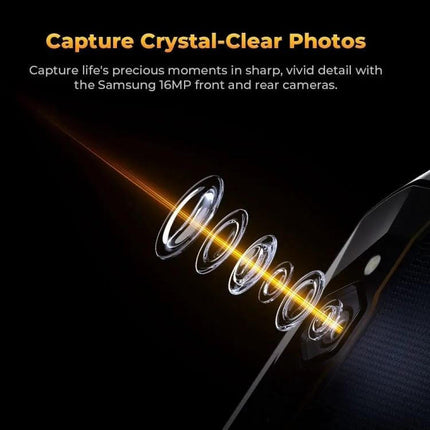 OUKITEL RT9 Rugged Tablet with 11-Inch Display for Daily Use showing camera lens elements and caption Capture Crystal-Clear Photos