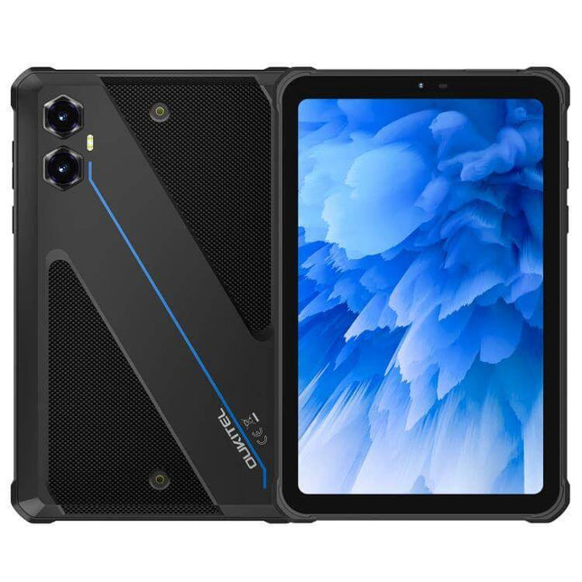 Oukitel RT3 Plus Rugged Tablet for Outdoor and Industrial Use - 8-inch rugged black tablet front and back view with dual rear cameras and blue accent
