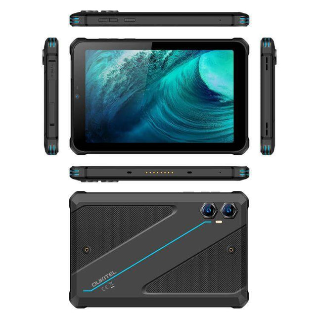 Oukitel RT3 Plus Rugged Tablet for Outdoor and Industrial Use - 8-inch rugged tablet front, back and side views, water and drop resistant design